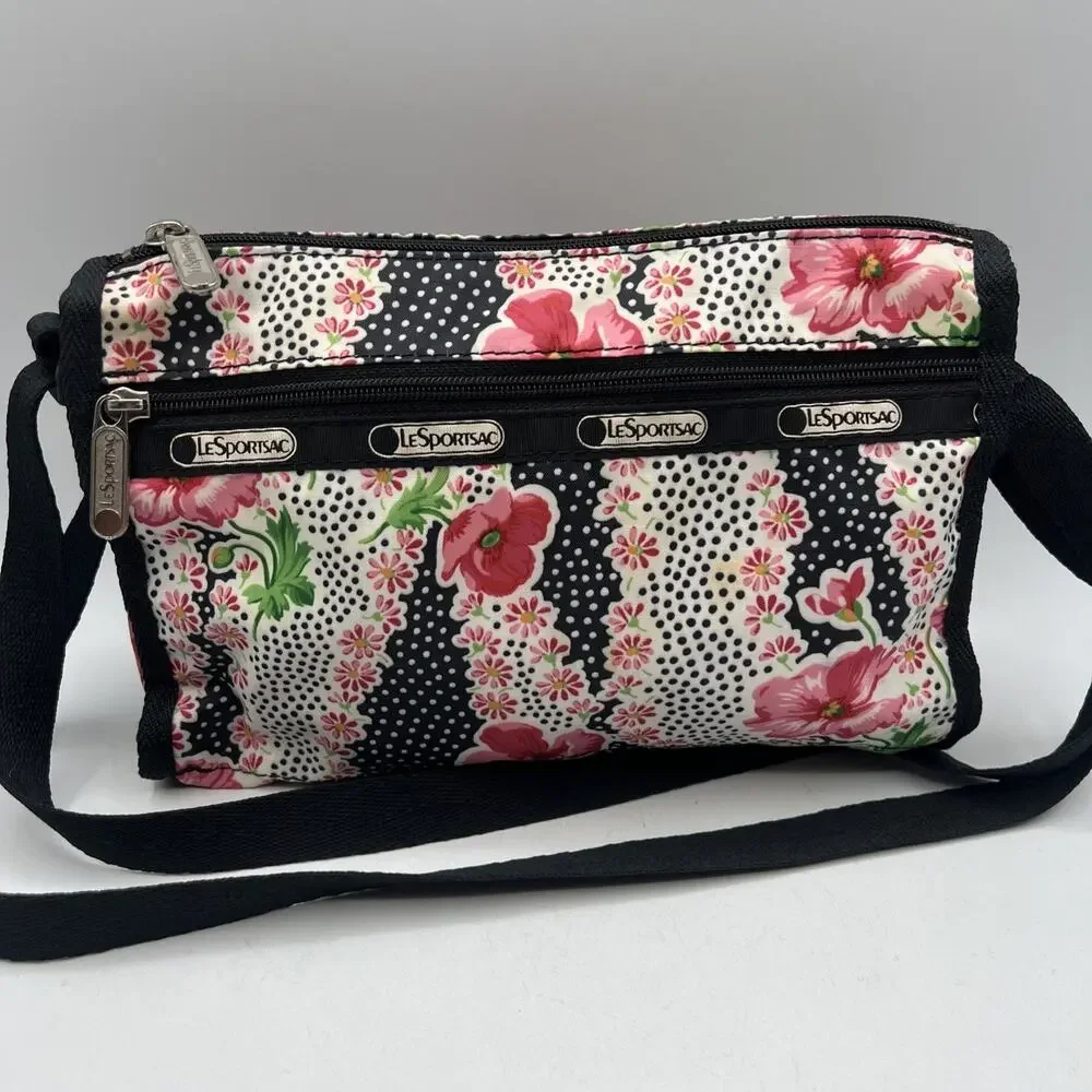 LeSportsac Pink Black Flowers Polka Dot Crossbody Purse 8.5